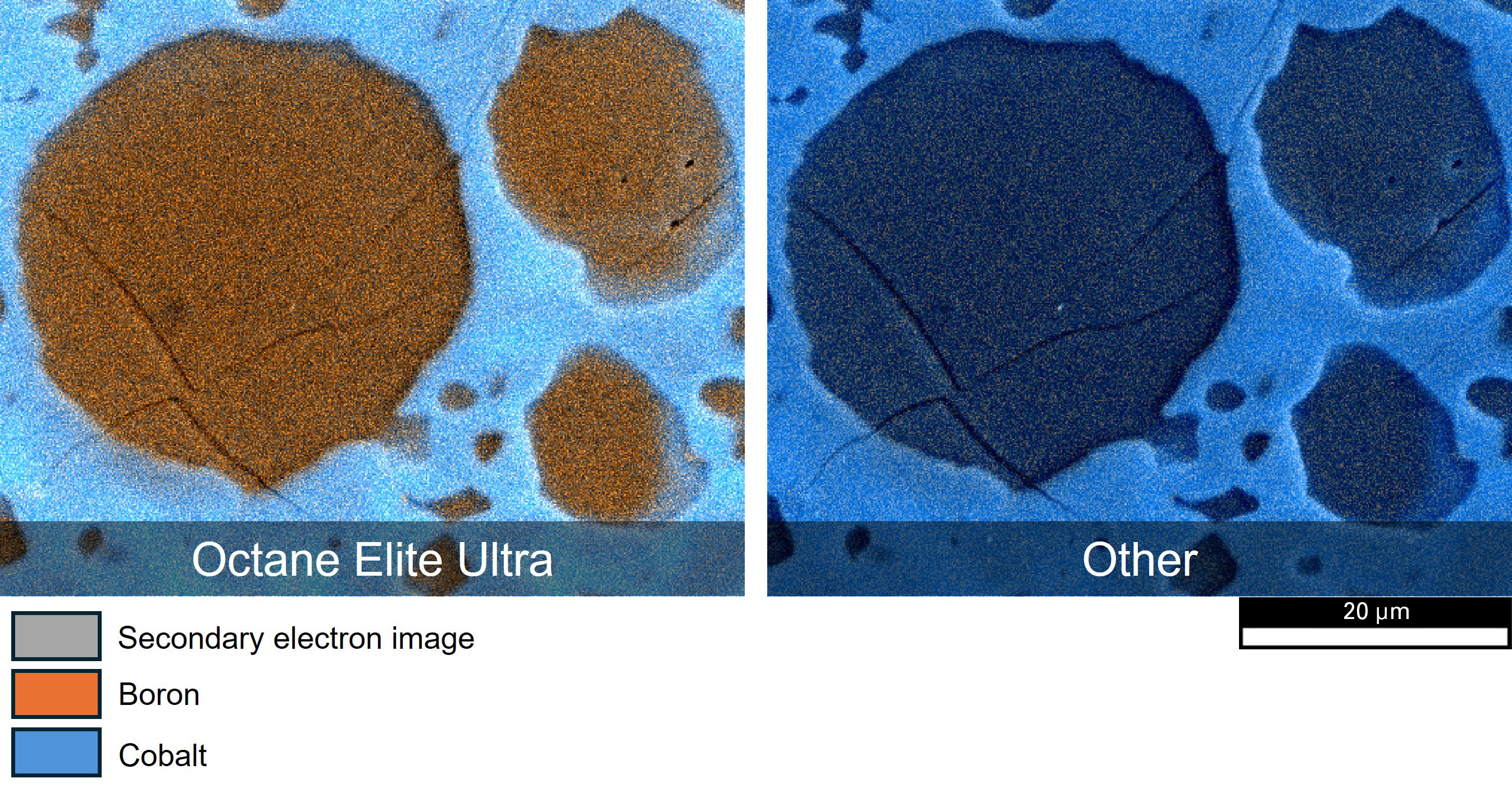 硼和钴元素图的成分图像叠加在硼钢样品的二次电子图像上。a）Octane Elite Ultra 采集的数据结果，b）其它 EDS 探测器采集的数据结果；Octane Elite Ultra 对轻元素具有出色的灵敏度，因此能够定量表征硼的分布。