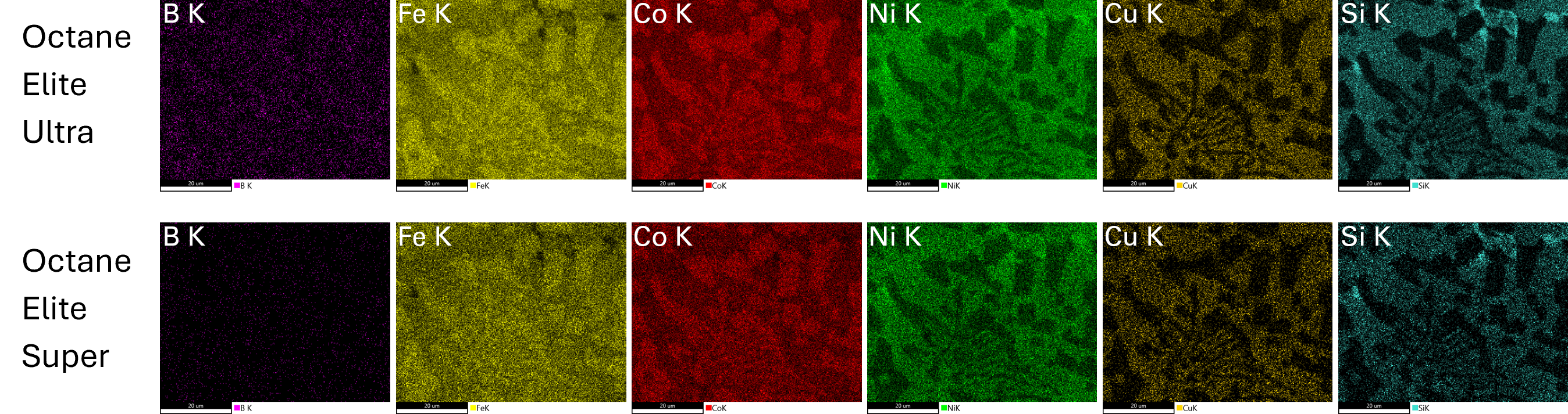 在20 kV下采集的高熵合金元素分布图,像素分辨率256 x 200,总曝光时间为3分40秒。