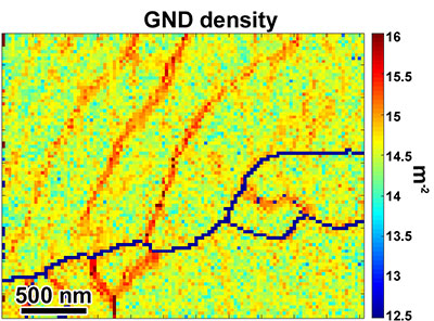 图3. 通过Clarity探测器和HR-EBSD分析采集的高保真EBSD花样计算出的几何必须位错密度分布图。