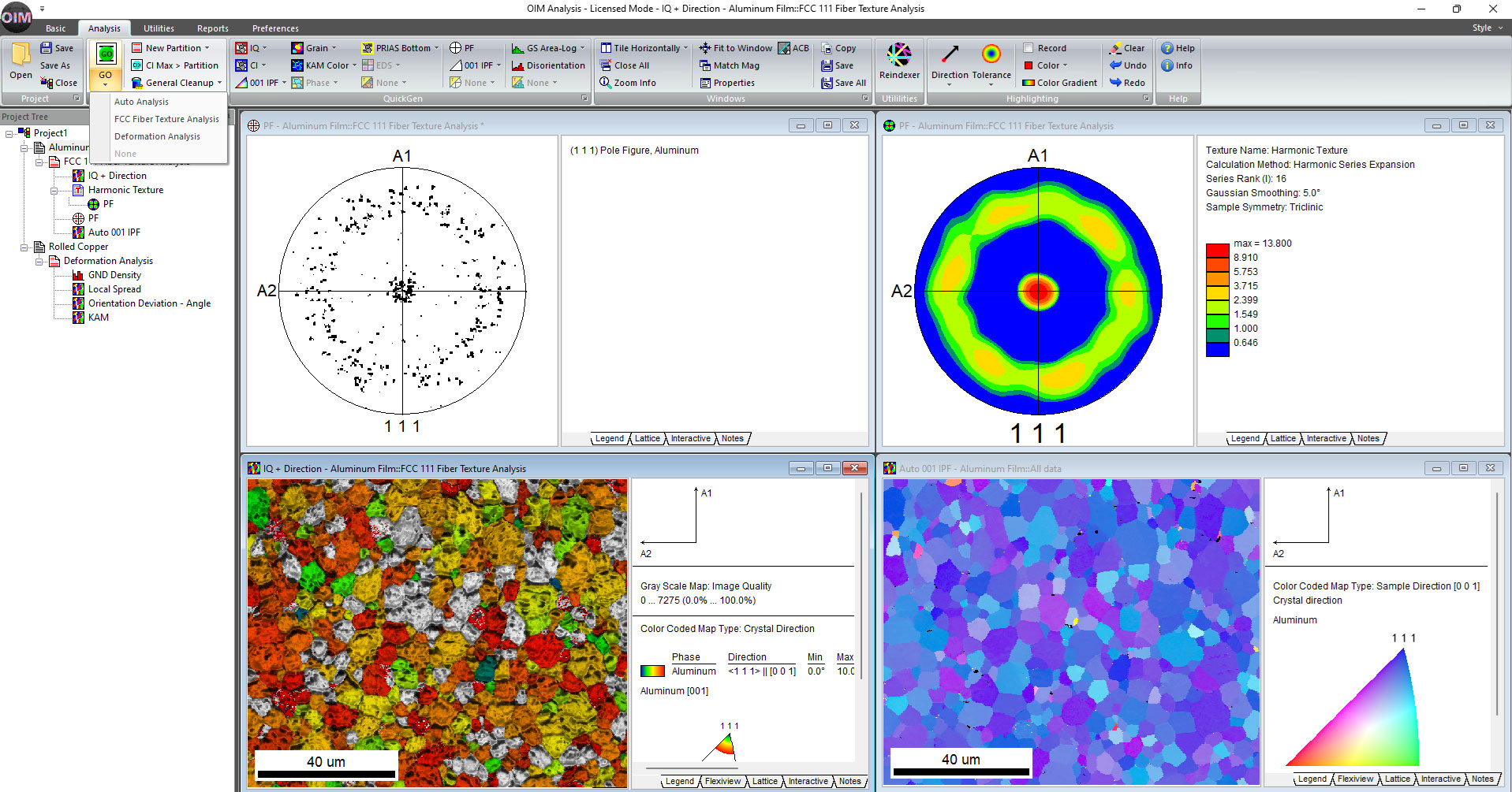Analysis panel showing the one-button options for template-based analysis and resulting analysis of an aluminum film with a (111) fiber texture.