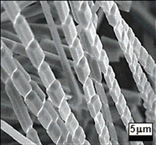 ZnO microfibers with periodic junctions with 6.2 µm spacing. An anisotropic microfiber growth model was postulated, as shown in Figure 3. EBSD measurements confirmed this on several fibers. An example is shown in Figure 4. A small series of orientation measurements were made using EBSD made along the length of the fiber. From the individual orientation measurements analysis, it was first found that the fibers were indeed single crystals.